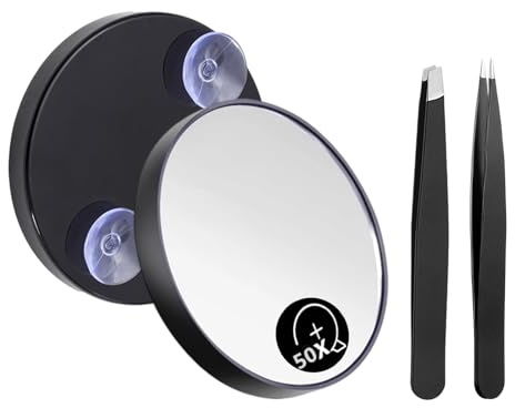 Uvwxba 50X Magnifying Makeup Mirror with Suction Cup Slant Flat Tweezers Ideal for Precision Eyebrow Plucking Skin Care Compact for Travel
