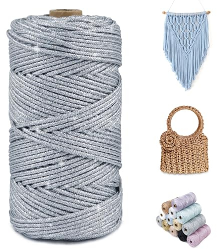 CAMAL Hilo Macrame 3mm x 100m Brillante Cuerda Macrame para Ganchillo, Metálico Hilo de Poliéster para Bolsos de Ganchillo, Muñecas, Mantas y Decoración DIY(Plata colorida)