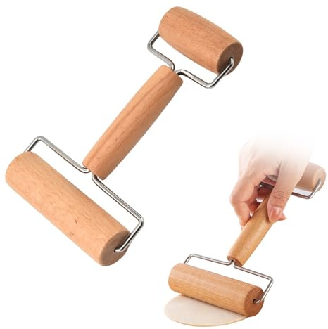 Nudelholz Teigroller Klein Mit Zwei Rollen Kleine und Mittlere Teigrolle Nudelholz Klein Ausrollstab Teigrädchen mit Griff Wellholz Geeignet Doppelrollen-Teigrolle aus Holz für Pizza, Desserts Knödel