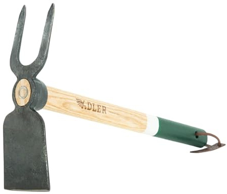 ADLER Lily Gartenhacke Kultivator Eschenstiel geschmiedet Grün 45 cm | Zweizinkiger C45-Kopf zum Auflockern sandiger und trockener Böden