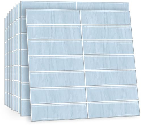 TOARTi 10 Sheets 2D Light Blue Self Adhesive Wall Tiles,12×12inch Stick On Wall Tiles Kitchen Splashbacks for Walls,Tile Stickers Peel and Stick Backsplash Splashback Decals Tile