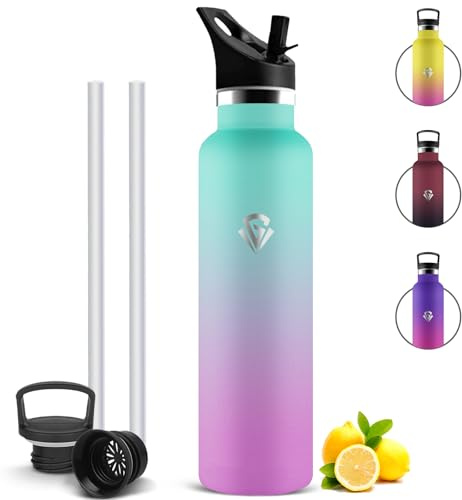 Mujigaga Gourde Isotherme 1l, Bouteille d'eau en Acier Inoxydable, Anti Fuite Bouteille Isotherme avec Paille, Gourde Sport Inox sans BPA pour Bureau, Camping, Yoga