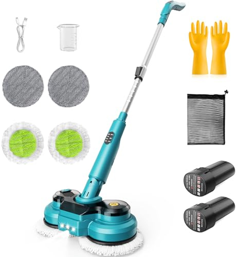 Kabellos Elektrischer Mopp akku wischmopp mit 2 Batteriens, 300 ML Wassertank, LED Beleuchtung bodenwischer elektrisch mit 4 pads Akku-Vibrationsmopp mit verstellbarer Stielänge