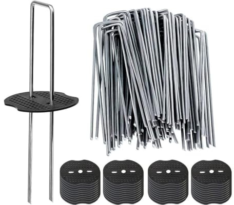50 Piquetas de Jardín con Arandelas, Grapas en U de Acero Galvanizado, Estacas de Suelo para Malla Antihierbas, Césped Artificial, Tela de Paisaje, 10-20cm(Black,Galvanized-4mm-4X15)