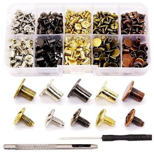 GZDILUOGS 150 set di viti per libri Chicago, 6/8 mm, in pelle, rivetti a testa incrociata, rivetti a vite con 1 perforatore e 1 cacciavite, rivetti a vite per borse in pelle