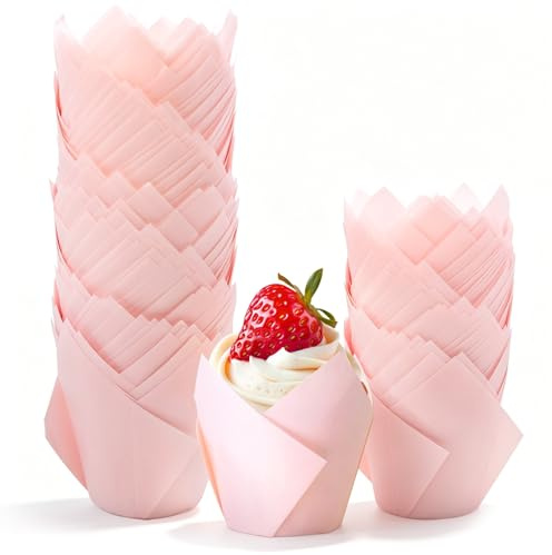 150 Stück Tulpe Muffinförmchen Papier, Rosa Muffins Papierförmchen Backförmchen für Hochzeit Geburtstag Party, Weihnachten, Muttertag