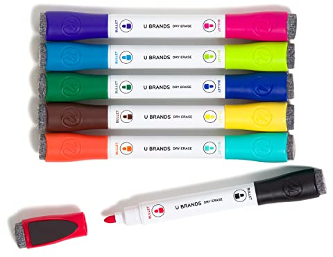 U Brands Dry Erase Markers, Double Ended Whiteboard Markers, Medium Bullet Tip, Low Odor, Assorted Bright Colors, Dry Erase Marker Set with Eraser Caps, Office School Classroom Supplies, 6 Pack