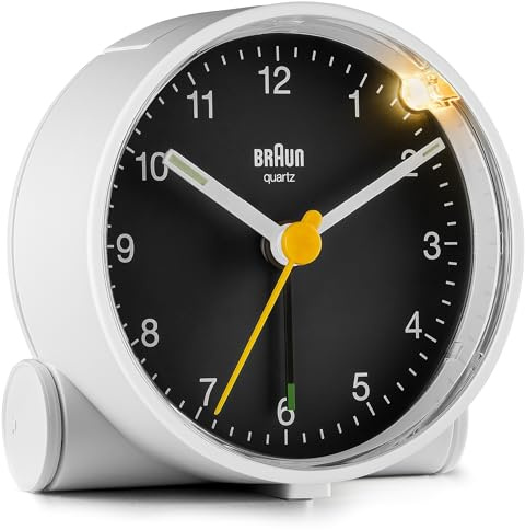 Braun Klassischer analoger Wecker Schlummerfunktion und Licht, ruhiges Quarzuhrwerk, Crescendo-Alarm in Weiß und Schwarz, Modell BC01WB.