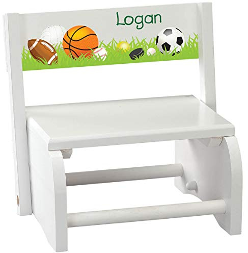 Custom Children's 2-in-1 Step Stool and Chair, White Wood, Sports Design with Custom Name
