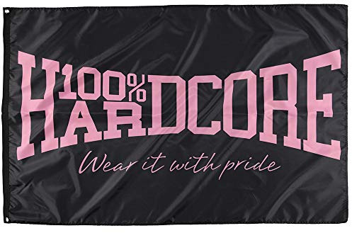 Bandera con texto de la marca 100 % Hardcore Gabber en color negro y rosa fucsia, bandera tecno, decoración de pared
