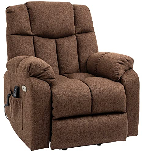 HOMCOM Fernsehsessel mit Aufstehhilfe Elektrisch Verstellbar, Relaxsessel mit Liegefunktion, TV-Sessel mit Fernbedienung, 2 Seitentaschen und Fußteil, USB-Anschluss Braun