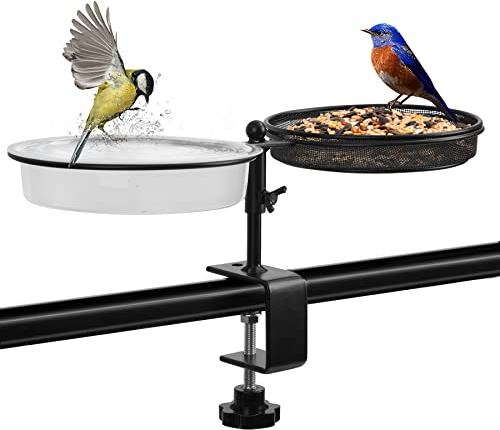 JUJOYBD 2-in-1 Vogeltränke und Futterstation mit Klemmhalterung für Balkongeländer, hängend Vogelfutterspender Vogelbad/Wassertränke Futterplatz für Vögel im Garten oder Balkon
