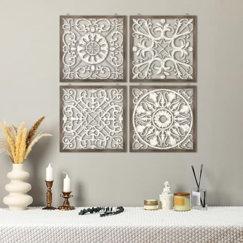 Tatuo 4 Pieces Carved Wood Wall Art Thicken Brown Decor White Farmhouse for Living Room Wooden Decorative Panels Modern Plaque Home Kitchen Dining Bedroom