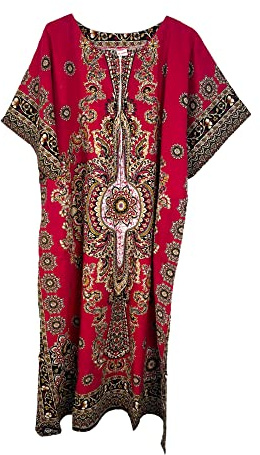 Neues Damen Kaftan-Kleid aus 100% Baumwolle, lang, Sommer, Dashiki, afrikanischer Druck, Einheitsgröße, lockerer weiter Stil, Strandüberwurf, rose, Einheitsgröße