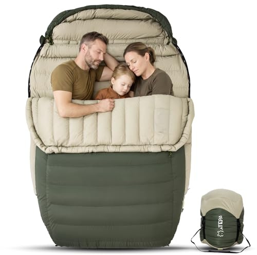 ATEPA Double Down Sleeping Bag, 2 Person XXL Wide Sleeping Bag for Couples & Family Car Camping with 2000G 700FP RDS Down Fill & Compression Sack, Cold Weather 3-Season, ISO Comfort 23°F Limit 12°F