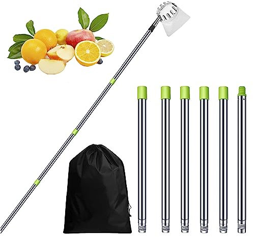 PJDDP Obstpflücker 2.4M, Obstsammler Apfelpflücker mit Leichter Edelstahl Verlängerungsstangen, Praktischer Obsternter für Apfel,Avocado,Mango,Birne,Zitrone,Orange und weitere Früchte