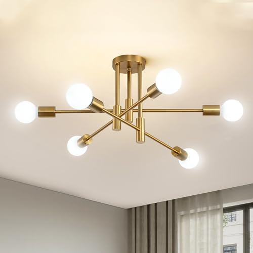 AOLALA Gold Sputnik Ceiling Light Fixture, 6 Light Modern Chandelier, Industrial Adjustable Semi Flush Mount Pendant Lighting