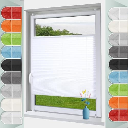 Plissee nach maß,Plissee Faltrollo 85 x 120 cm ohne Bohren Verdunklung Thermo Faltrollo Blickdicht für Fenster & Tür, Inkl. Aller Montage-Teile, für Fenster, Weiß