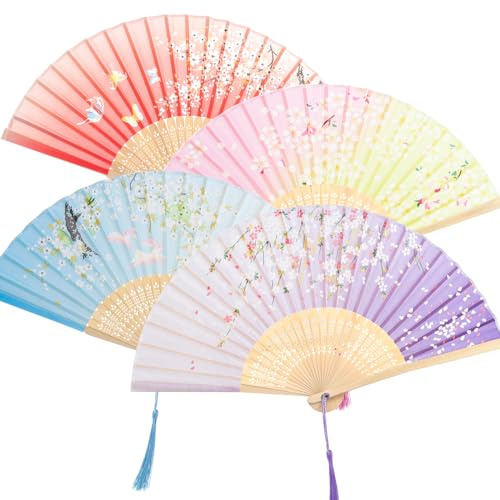 Fumwase Lot de 4 petits éventails pliants en soie chinoise avec pompon floral pour homme et femme - Décoration de fête de danse