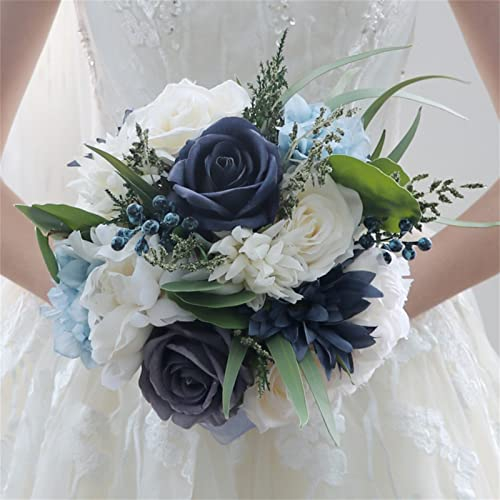 Fouriding Bouquets de Mariée pour Mariage Bouquet Lancé Bleu Marine Blanc Bouquet de Mariée pour Cérémonie de Mariage Anniversaire Fête Prénuptiale Mariage Rustique Français (Blanc + Bleu Marine)