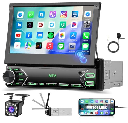 Hikity Autoradio 1 Din Bluetooth Skärm 7 Tum Touch Utfällbar Display Auto Radio med Backkamera Bluetooth Handsfree FM USB Mirror Link