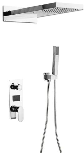 Sistema doccia a incasso con doccetta, set termostatico a LED, soffione doccia a pioggia, pannello doccia, massaggio, cascata, argento, montaggio a parete, in acciaio inox e ottone, 50 x 22 x 3 cm
