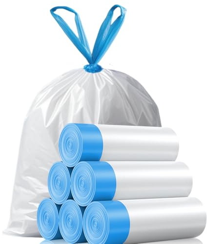 OKKEAI Kleine Müllbeutel 5L mit Zugband Müllsacks Weiß Abfallbeute Geeignet für Badezimmer,Toilette,90 Stück Mülltüten mit Kordelzug