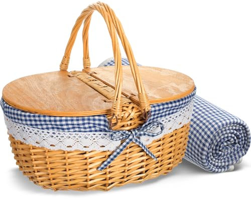 Skybooly Weiden-Picknickkorb mit Decke Set, Vintage Picknickkorb mit Deckel und Griff, klassische Picknickbox, stabiler gewebter Körper mit waschbarem Futter, Picknickzubehör für Outdoor-Camping