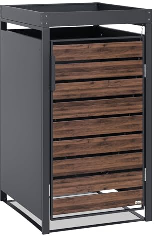 Zelsius Mülltonnenbox 1er mit Pflanzdach für 1 Mülltonne | (B) 68 x (T) 80 x (H) 124 cm | Anthrazit RAL 7016 | Tür in dunkelbrauner Holzoptik mit Erweiterungsmöglichkeit | Mülltonnenverkleidung