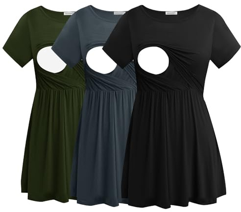 Smallshow Mujer Camiseta Lactancia Manga Corta T Shirt Premama Embarazada 3 Pack,Army Green-Black-Dark Grey,M
