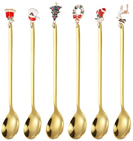 Weihnachts Kaffee Löffel,6 Stück Weihnachtslöffel,Edelstahl Dessertlöffel Teelöffel Mit Weihnachtsanhänger, Geschenkverpackung,Für Teesuppe,Dessert(Gold)