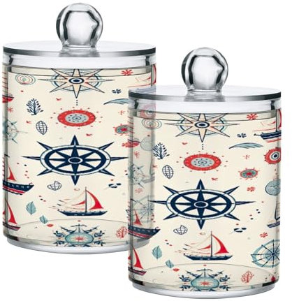 Cgiub Confezione da 4 contenitori Qtip con timone per barca a vela, in plastica trasparente, con coperchio, per accessori da bagno, organizer per cotton fioc, palline, tamponi, filo interdentale