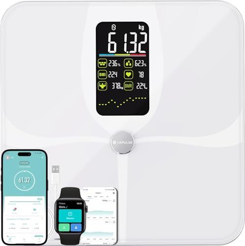 Lepulse Smart Scales for Body Weight Body Fat Scales with Large Display and Trend, Smart Weighing Scales Body Fat Muscle Mass BMI, High Accurate 22 Body Composition Scales Bluetooth with App, White