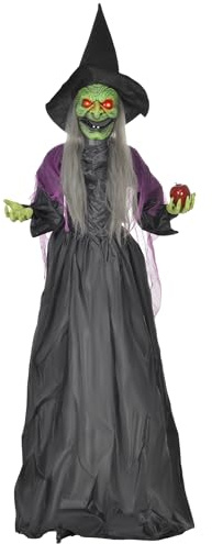 HOMCOM Halloween Deko Outdoor 180cm Animierte Sprechende Hexe mit Leuchtenden Augen und Gruseligem Sound - Halloween-Dekoration für Tür, Garten, Party, Hof, Spukhaus