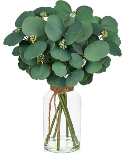 Hollyone Künstliche Eukalyptus Zweige mit Klarglas Vase, 39cm Gefälscht Pflanze Deko Eukalyptus Blätter für Hochzeit Tischdeko Büro Wohnzimmer Küche Dekoration
