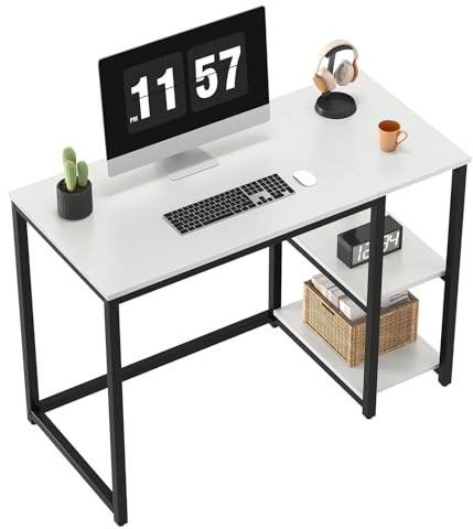 WOHOMO Tavolo per computer bianco, 100 cm Tavolo da ufficio piccolo con spazio di archiviazione, scrivania PC per ufficio a casa, bianco