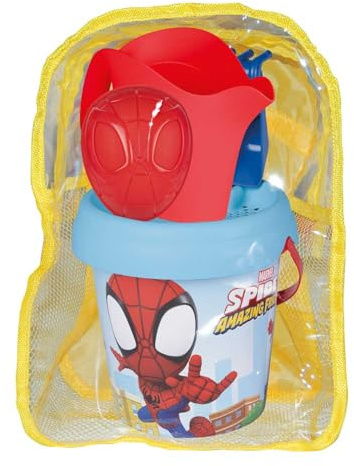 Smoby - Mochila con Cubo de Playa Spidey con Accesorios - Incluye Pala, Rastrillo, Tamiz, Regadera y Molde de Arena - Material Reciclado - para Niños a Partir de 18 Meses - (7600862214)