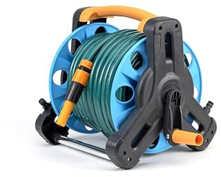 Carro porta mangueras de jardin con 30 metros de manguera de 13mm 1/2. En caja. Con conexiones y lanza rociadora.