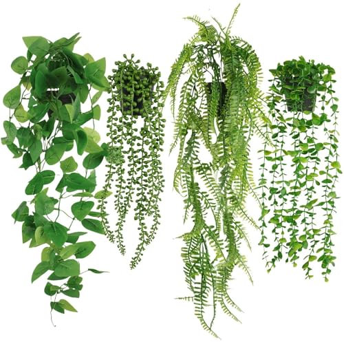 NHBETYS 4PCS Artificial Hanging Plant, Fake Plants with Pots, Hanging Artificial Vine Leaves, Fake Ivy Faux Plant for Indoors Outdoor Home Room Shelf Office Patio Wall Decor
