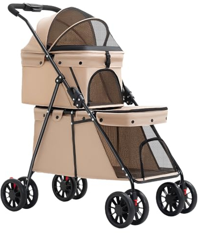 3 in 1 Kinderwagen Faltbar 2 Ebenen Hunde Katzen 2 Taschen Netzfenster Räder mit Bremsen Abnehmbares Kissen Reisewagen für Hunde Katzen 67x50x95cm Milchkaffee