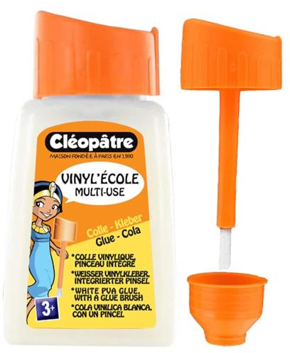 Cléopatre - Vinyl'école - Pegamento Vinílico, con Pincel Incluido - Blanco y Espeso, Multimateriales, A partir de 3 Años/Infantil - Sin Disolventes, Limpieza con Agua - Bote 80g