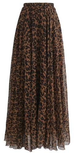 GORGLITTER Damen Plissee Rock Leopardenmuster Maxirock A Linie Röcke Elastischer Bund Freizeitrock Langer Herbstrock Hohe Taille Casualrock Leo L