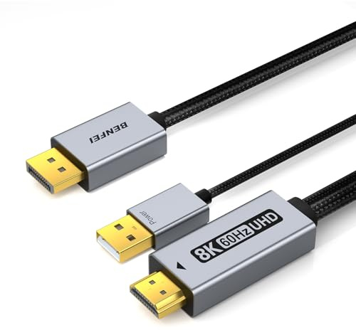 BENFEI Câble DisplayPort 1.4 vers HDMI 2.1 1,8m 8K@60Hz 4K@240Hz/165Hz/144Hz, unidirectionnel DP (Source) vers HDMI (Affichage) avec alimentation USB 5V/1A support HDR/DSC/HDCP 2.3 pour AMD NVIDIA PC
