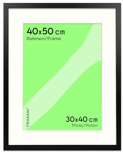 FRAMAI® Bilderrahmen 40x50 cm in Schwarz – mit Passepartout – MDF Holzrahmen, bruchsicheres Plexi, umweltfreundlich, mit Aufhängung & Ständer – Hochformat & Querformat