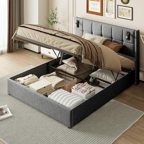 QMTXBYJ Cama Tapizada 140x200, Camas Matrimoniales,Cama Juvenil con Almacenamiento Hidráulico,Cabecero con y Luz de Lectura, Cama Doble,Cama Matrimonio 140x200 con Somier,Terciopelo