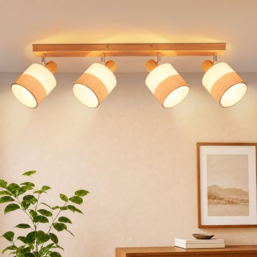 Glitzerlife Deckenstrahler 4 Flammig Deckenleuchte Deckenlampe Holz E14 | Vintage Deckenspot mit Stoffschirm Schwenkbar 350 Retro MAX.25W Flur Küche Schlafzimmer Wohnzimmer, Ohne Leuchtmittel