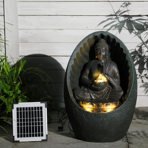 Bumilgar 40 CM Garden Solar Water Features, Zen Buddha Water Fountain Outdoor and Waterfalls with Lights for Patio, Backyard, Deck, Porch and Home Art Decor, Black