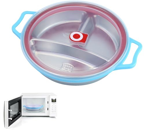 1400 ml Assiettes Compartiment plateau Repas Enfant,28 cm Assiette en Acier Inoxydable avec couvercle pour micro-ondes et congélation avec couvercle à 3 compartiments,avec ventilation (bleu)