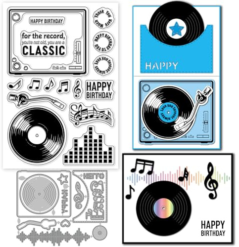 GLOBLELAND Transparente Stempel Und Stanzformen Set Mit Vintage Musik Zum Gestalten von Karten Musik Schallplatten Transparenter Silikonstempel Retro Glottenrahmen Metall Stanzformen Für Geburtstage