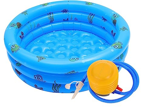 FUNNETOYU Piscine Gonflable Garçon Fille Ronde Anneaux Bleue avec Pompe Aire de Jeux Extérieure Portable Piscine Pratique pour Filles et Garçons